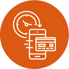 icon of a clock, a smart phone, and a credit card